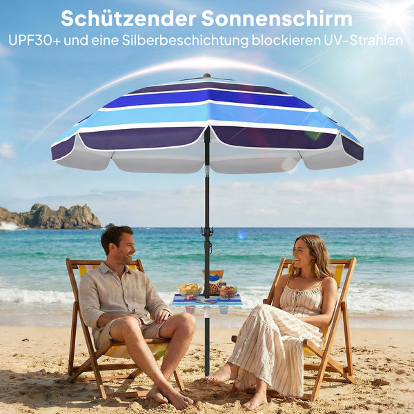 Sonnenschirm Strand klappbar UV-Schutz mit Tisch und Getränkehalter
