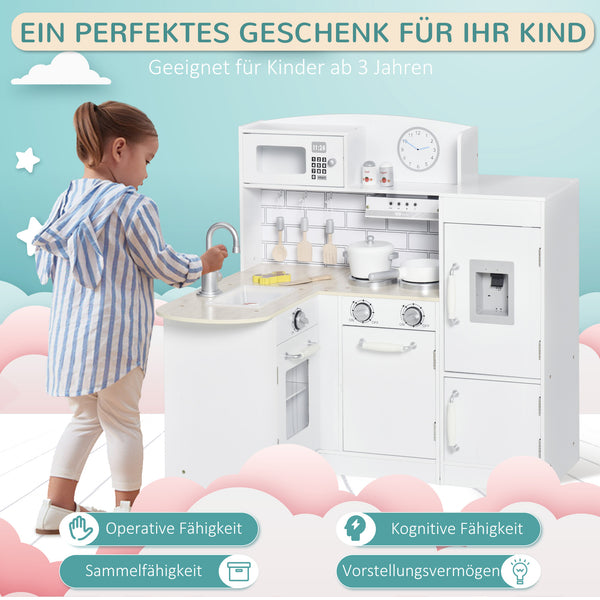 Play kitchen, children's kitchen with water dispenser and microwave, suitable for ages 3 and up, white