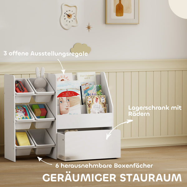 Spielzeugregal rollbar mit Boxen und Bücherablage für Kinder