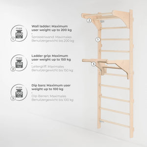 Sprossenwand mit Klimmzugstange für Erwachsene 230cm mit Ringen