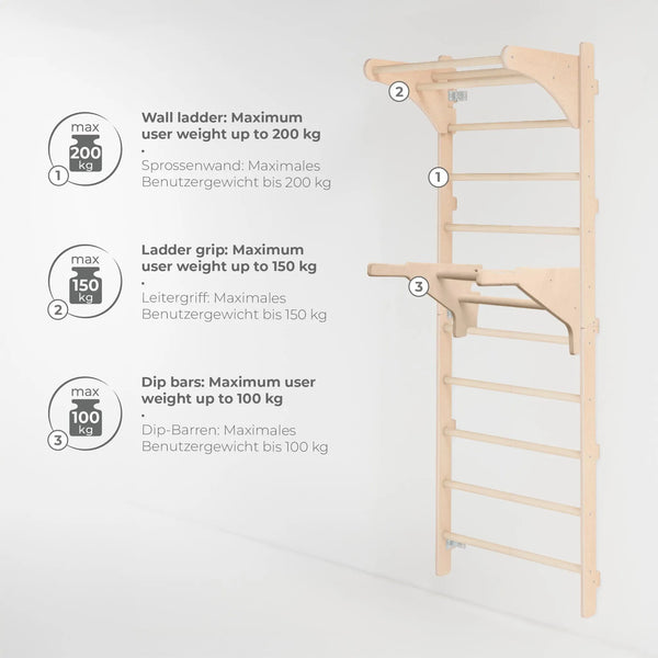 Sprossenwand mit Klimmzugstange für Erwachsene 230cm mit Ringen