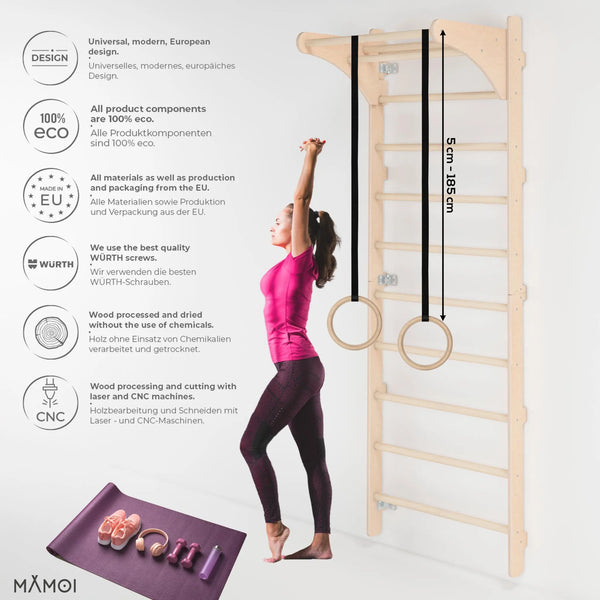 Sprossenwand mit Klimmzugstange für Erwachsene 230cm mit Ringen