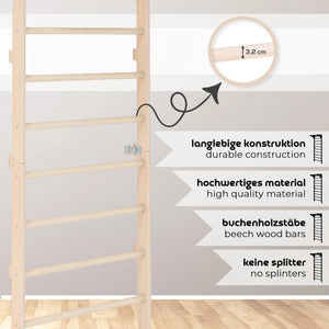 Sprossenwand mit Klimmzugstange für Erwachsene 230cm mit Ringen