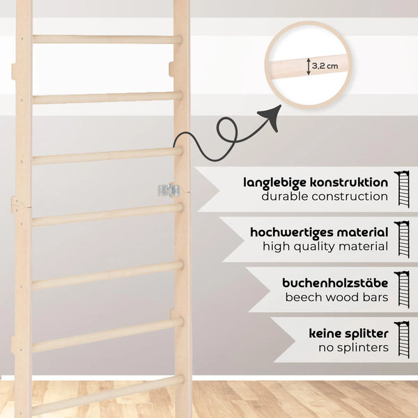 Sprossenwand mit Klimmzugstange für Erwachsene 230cm mit Ringen