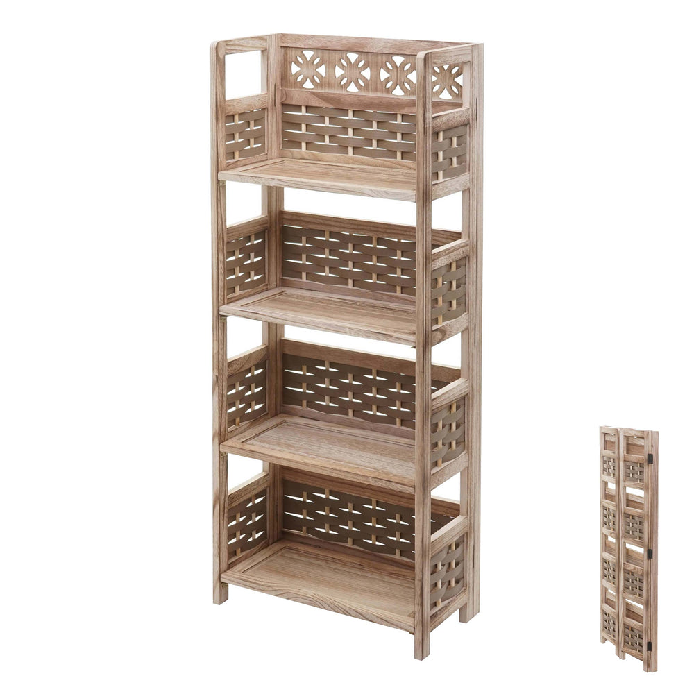 Klappbares Standregal Holz mit Geflecht 4 Ablagen 110cm braun