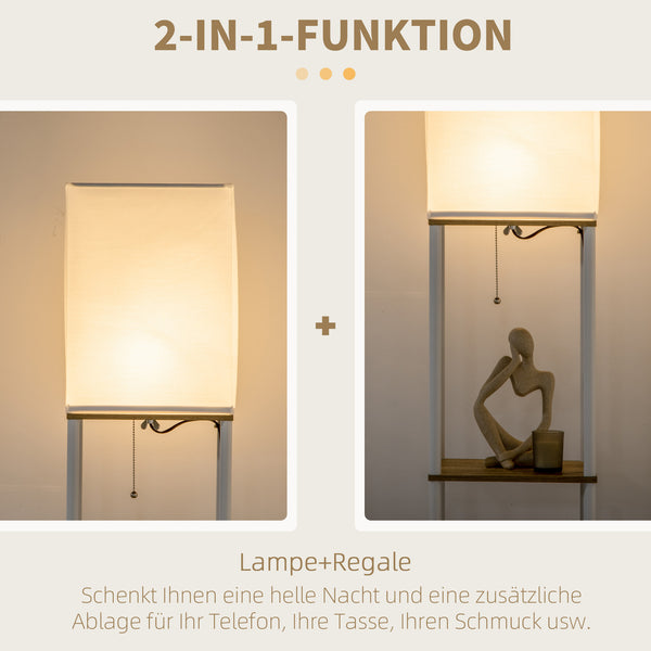 Stehlampe modern mit Regal und Stoffschirm weiss braun