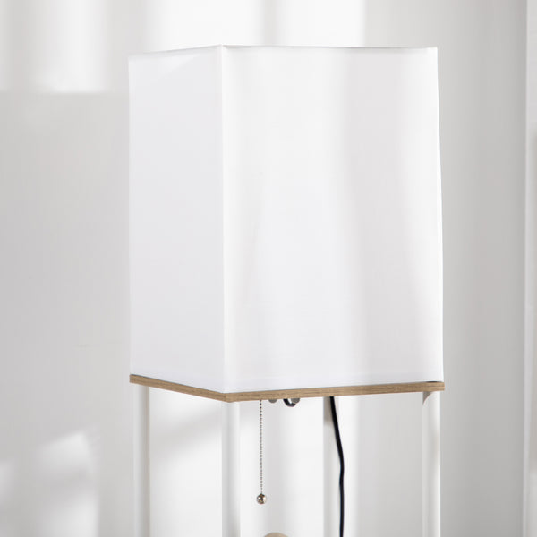 Stehlampe modern mit Regal und Stoffschirm weiss braun