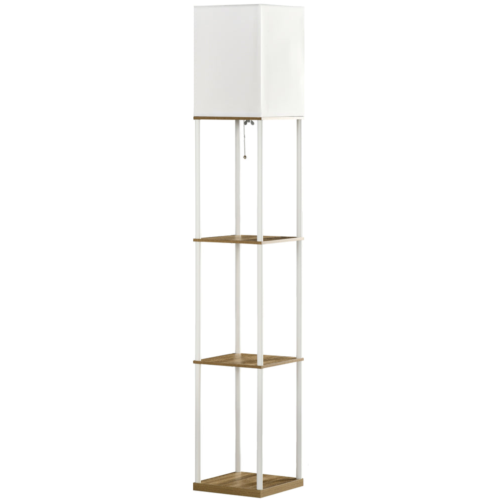 Stehlampe modern mit Regal und Stoffschirm weiss braun