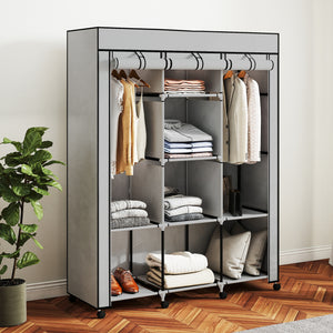 Kleiderschrank Stoff mit 8 Regalen und 2 Kleiderstangen grau
