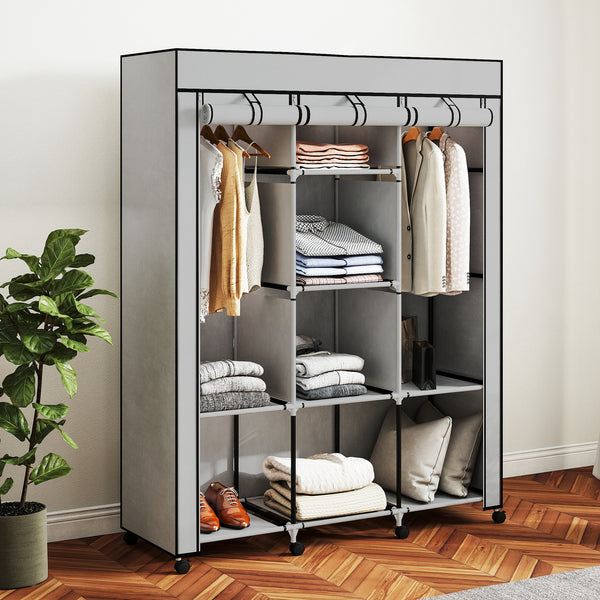 Kleiderschrank Stoff mit 8 Regalen und 2 Kleiderstangen grau