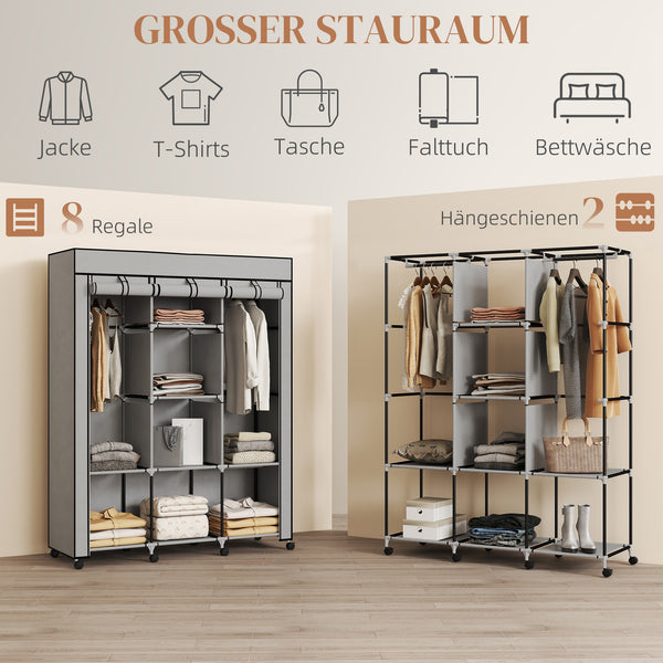 Kleiderschrank Stoff mit 8 Regalen und 2 Kleiderstangen grau