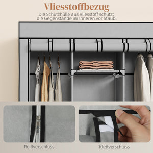 Kleiderschrank Stoff mit 8 Regalen und 2 Kleiderstangen grau