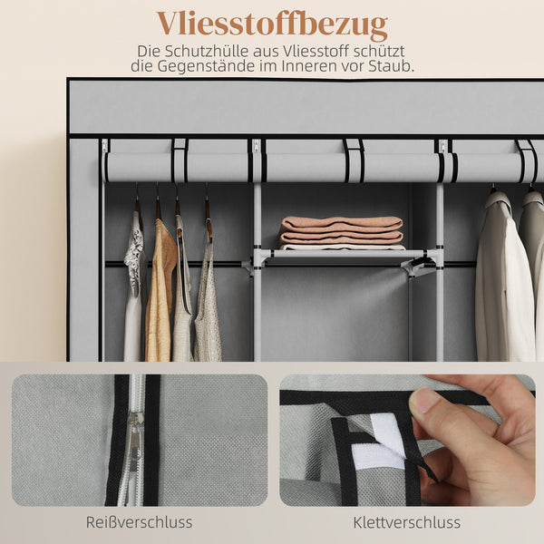 Kleiderschrank Stoff mit 8 Regalen und 2 Kleiderstangen grau