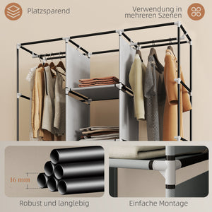 Kleiderschrank Stoff mit 8 Regalen und 2 Kleiderstangen grau