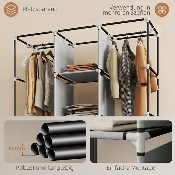 Kleiderschrank Stoff mit 8 Regalen und 2 Kleiderstangen grau
