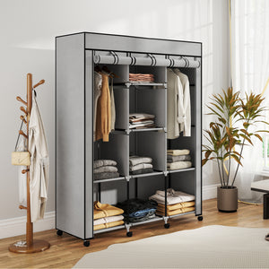 Kleiderschrank Stoff mit 8 Regalen und 2 Kleiderstangen grau