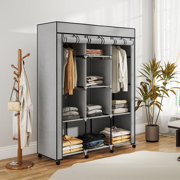Kleiderschrank Stoff mit 8 Regalen und 2 Kleiderstangen grau