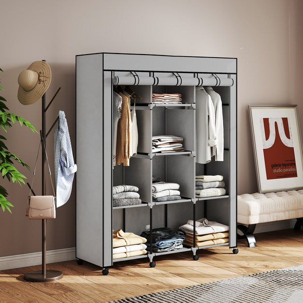 Kleiderschrank Stoff mit 8 Regalen und 2 Kleiderstangen grau