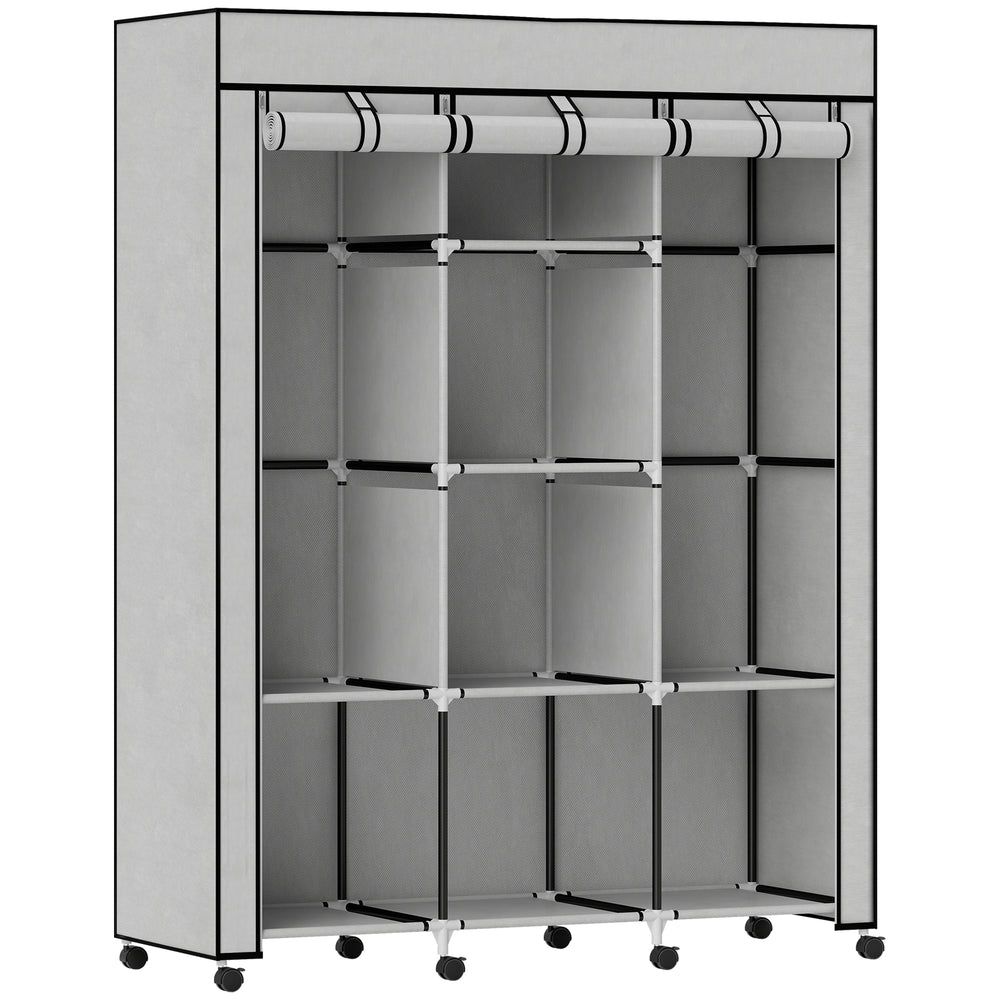 Kleiderschrank Stoff mit 8 Regalen und 2 Kleiderstangen grau