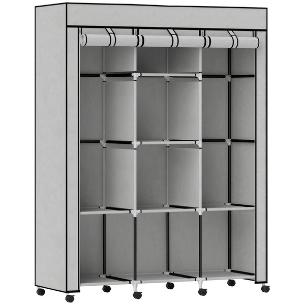 Kleiderschrank Stoff mit 8 Regalen und 2 Kleiderstangen grau