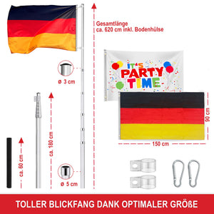 Teleskop-Fahnenmast 6.2m mit 3 Flaggen CH + DE + PARTY