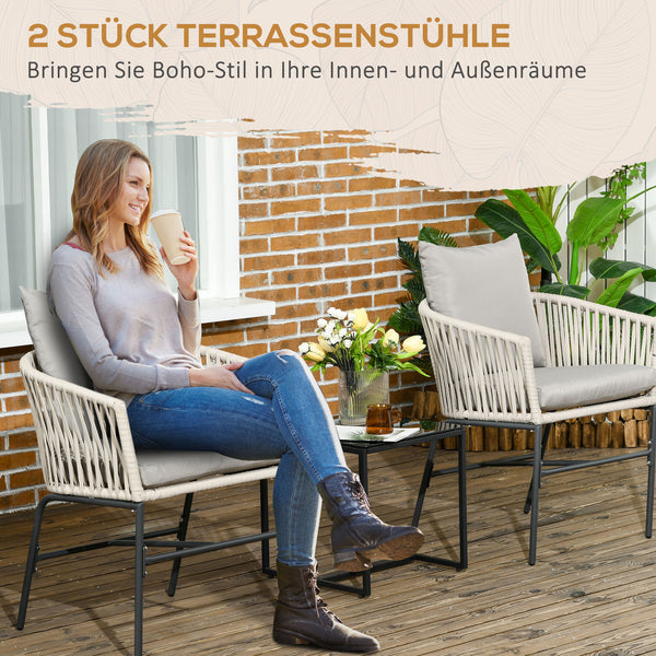 Terrassenstuhl 2er-Set Boho Stil mit Sitzauflagen waschbar beige