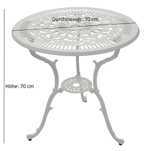 Gartentisch in Jugendstil Optik 70cm rund, Aluguss weiss