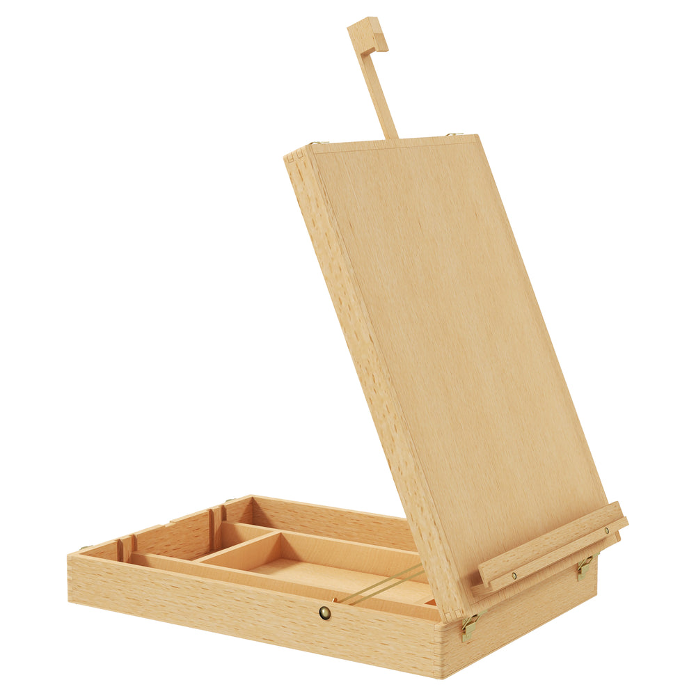 Cavalletto da tavolo in legno, angolazione regolabile, pieghevole con maniglia e spazio di archiviazione