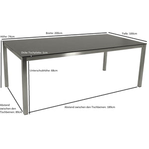 Tisch SYDNEY 200x100cm, Edelstahl gebürstet + Glas in 3D Keramik anthrazit