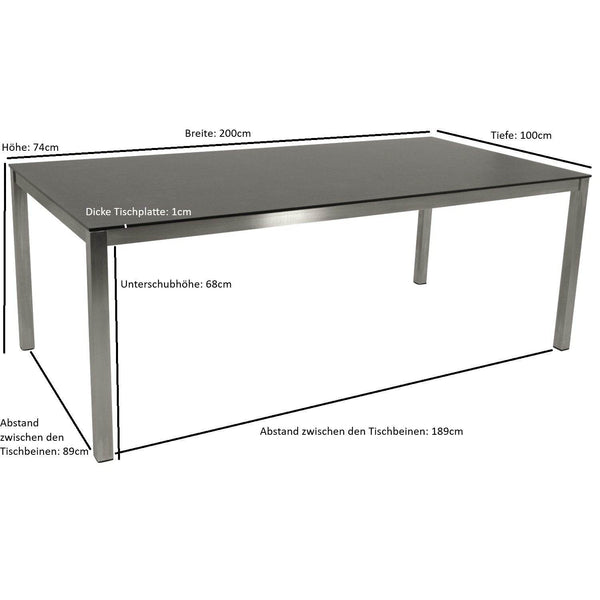 Tisch SYDNEY 200x100cm, Edelstahl gebürstet + Glas in 3D Keramik anthrazit