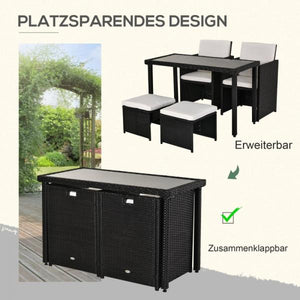 5-teilige Polyrattan Sitzgruppe Essgruppe Gartenset Garnitur mit Kissen Schwarz