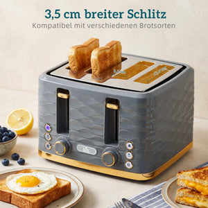 Toaster mit Auftaufunktion und 7 Bräunungsstufen für 4 Scheiben grau