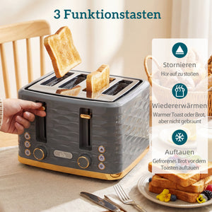 Toaster mit Auftaufunktion und 7 Bräunungsstufen für 4 Scheiben grau