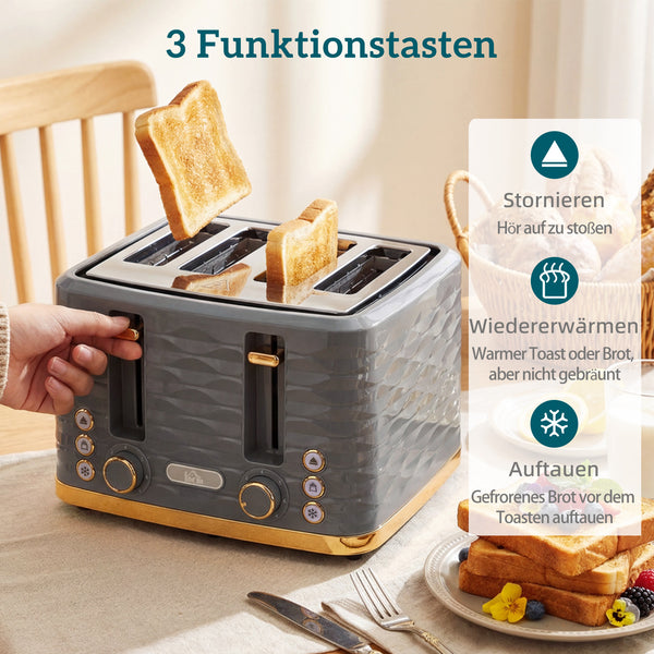 Toaster mit Auftaufunktion und 7 Bräunungsstufen für 4 Scheiben grau