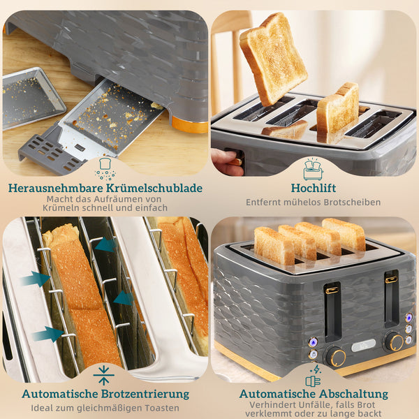 Toaster mit Auftaufunktion und 7 Bräunungsstufen für 4 Scheiben grau