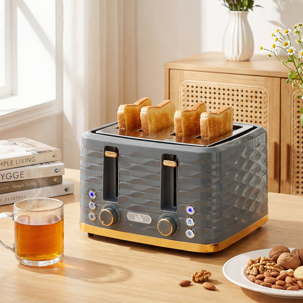 Toaster mit Auftaufunktion und 7 Bräunungsstufen für 4 Scheiben grau