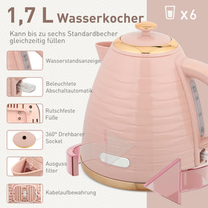 Toaster und Wasserkocher Set 2-in-1 mit 7 Stufen Auftaufunktion rosa