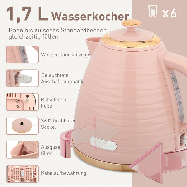 Toaster und Wasserkocher Set 2-in-1 mit 7 Stufen Auftaufunktion rosa