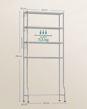 Étagère de toilette, étagère de salle de bain à 4 niveaux, grise