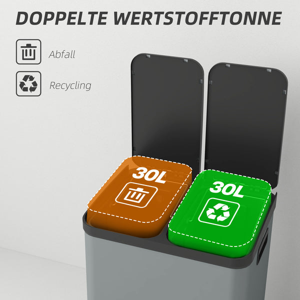 Treteimer Abfalleimer 2x30L mit Fusspedal Metall Grau