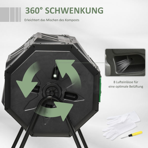 Trommel-Komposter 160L drehbar für Bio-Abfälle Schwarz