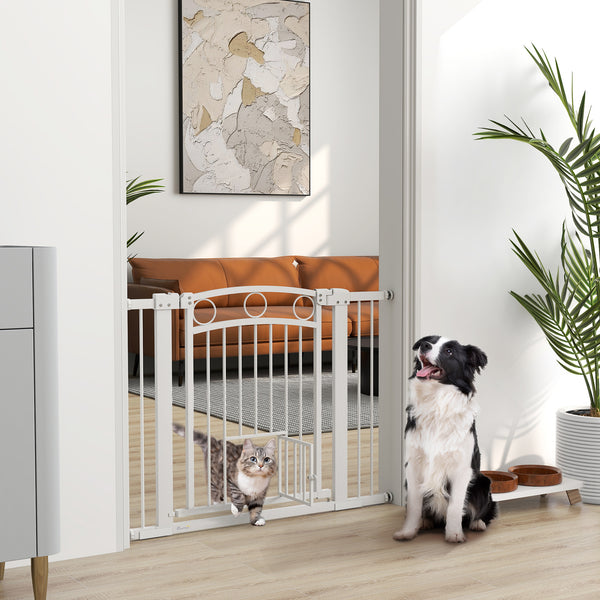 Türschutzgitter mit Katzentür 76-104cm für mittelgrosse Hunde Weiss