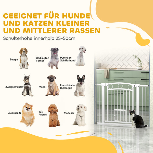 Türschutzgitter mit Katzentür 76-104cm für mittelgrosse Hunde Weiss