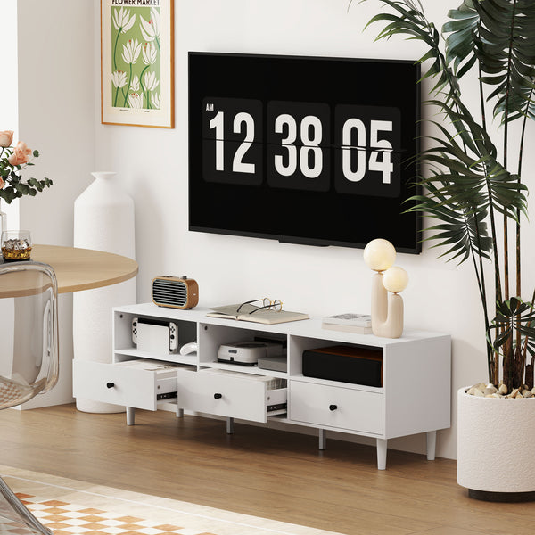 TV-Kommode mit Schubladen und offenen Fächern für 75 Zoll Fernseher weiss