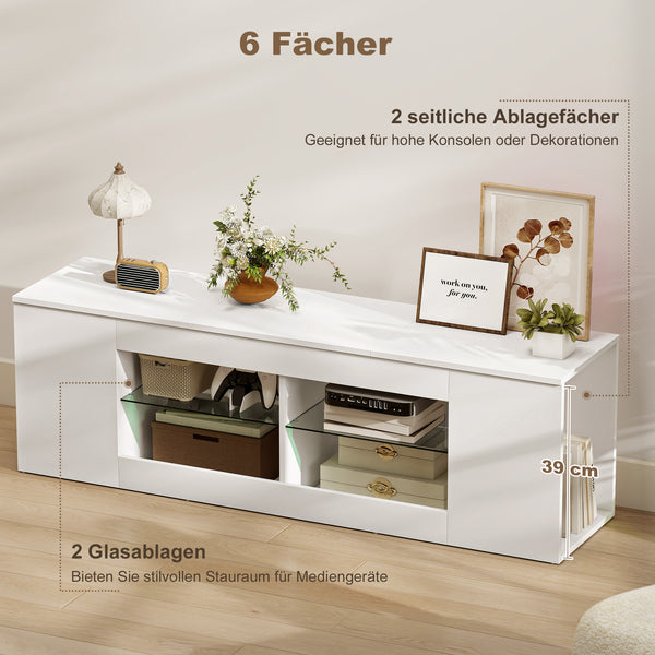 TV Lowboard mit Glasregalen und viel Stauraum 140cm weiss