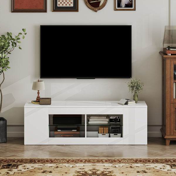 TV Lowboard mit Glasregalen und viel Stauraum 140cm weiss