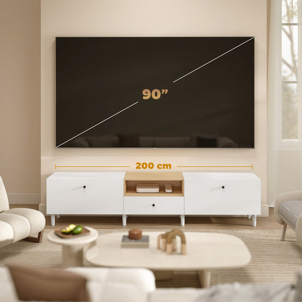 TV Lowboard mit Stauraum für Fernseher bis 90 Zoll 200cm weiss
