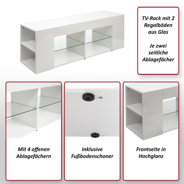 TV-Rack TV-Board Lowboard 50x144x40cm Hochglanz weiss