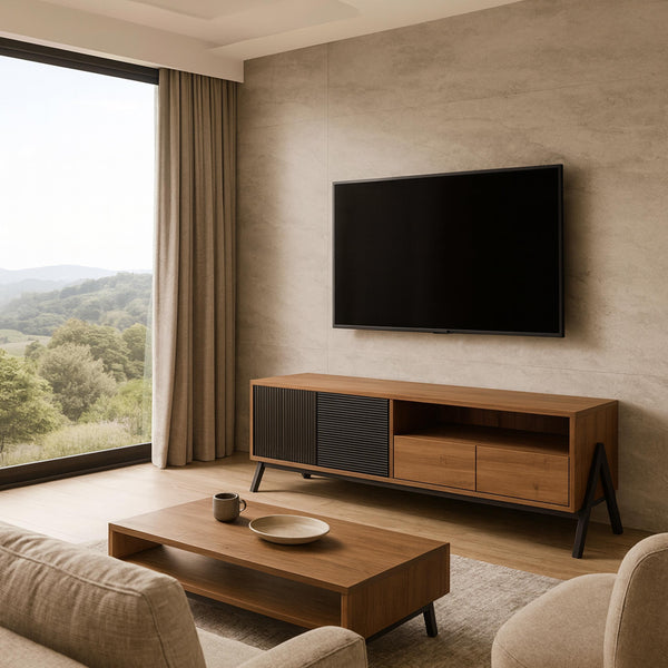 TV-Rack Lowboard TV-Schrank 2 Schubladen Türen 48x155x40cm natur