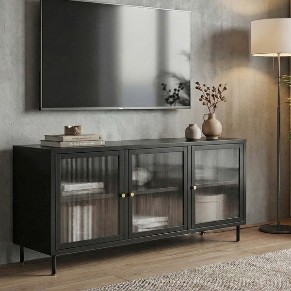 TV-Rack Lowboard TV-Schrank Industrial Schilfglas 58x120x40cm schwarz